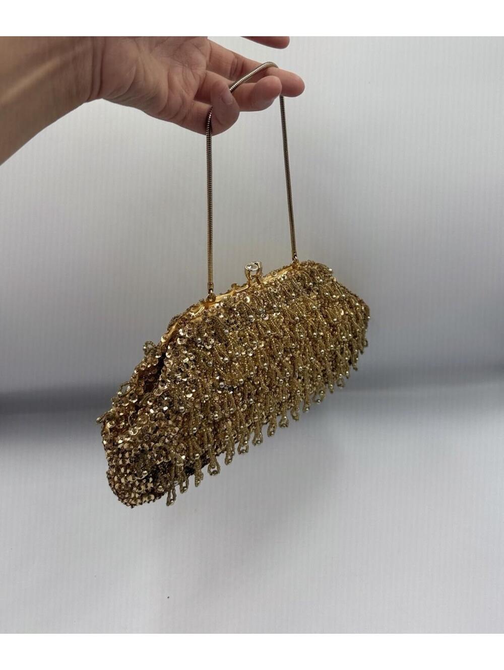 Vintage Gold Beaded Clutch Hong Kong Evening Bag Fringe Glam